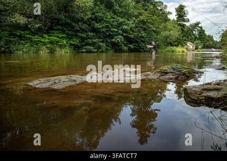 Vestrev, Tschechische Republik. 21. Aug., 2026. Ein Fischer fischt auf der oberen Elbe in Vestrev, Region Trutnov, Tschechische Republik, während der aktuellen Dürre, am 21. August 2026. Credit: David Tanecek/CTK Photo/Alamy Live News Stockfoto