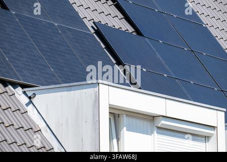 Detail von Solarmodulen, die auf Reihenhäusern im Viertel De Spoorkamp installiert sind, mit weißen Dachgauben, die sich von den Ziegeldächern abheben. Nij Stockfoto