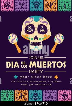 Farbenfrohes Ankündigungsposter für die Dia de los Muertos-Party mit dekorativem Zuckerschädel, Maracas, mexikanischer Volkskunst und festlichen Blumenverzierungen Stock Vektor
