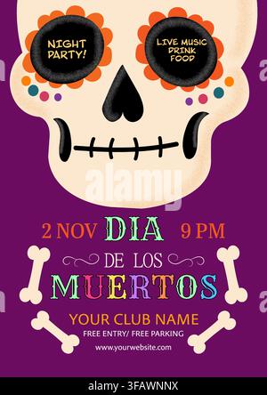 Farbenfrohes illustriertes Zuckerschädel-Dia-de-los-muertos-Partyplakat mit Blumendekoration, verspielten Gesichtsdetails, musikalischer Unterhaltung, Getränken, Essen, da Stock Vektor