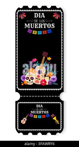 Feier von Leben und Tod: Künstlerische Darstellung des Dia de los Muertos mit farbenfrohem Schädel, Blumen und musikalischen Elementen in einem festlichen Thema Stock Vektor