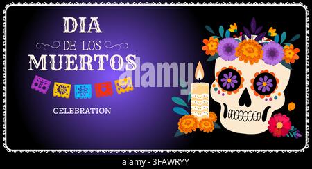 Farbenfrohe und künstlerische Darstellung des Dia de los Muertos mit einem Schädel, Kerzen und lebendigen Dekorationen, die Leben und Erinnerung feiern Stock Vektor