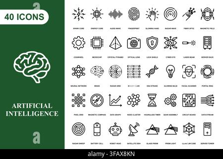 Eine Sammlung von vierzig Umriss-Icons, die künstliche Intelligenz, maschinelles Lernen und moderne Technologie darstellen. Stock Vektor