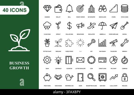 Eine umfassende Sammlung von vierzig linearen Geschäfts- und Wachstums-Icons für professionelle Designprojekte. Stock Vektor