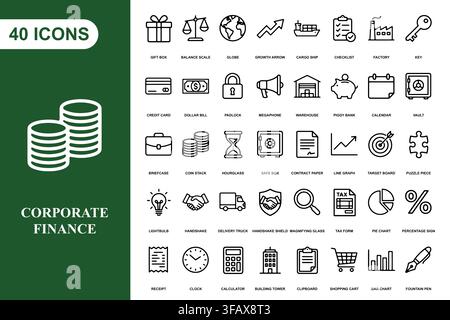 Eine Sammlung von vierzig Umriss-Icons, die Konzepte aus Unternehmensfinanzierung, Bankwesen und Geschäftsleitung darstellen. Stock Vektor