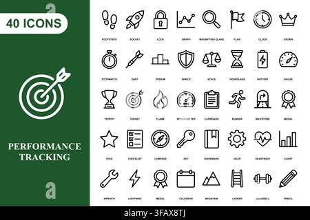 Eine umfassende Sammlung von vierzig Strichzeichnungen-Icons für Unternehmensleistung, Strategie und Zielerreichung. Stock Vektor