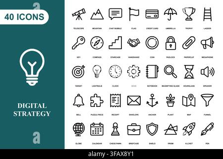 Eine Sammlung von vierzig Umriss-Icons, die Geschäftsstrategie-, Marketing- und digitale Entwicklungskonzepte darstellen. Stock Vektor