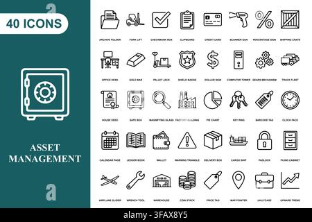 Eine umfassende Sammlung von vierzig Strichzeichnungen-Icons für Geschäftsvermögensverwaltung und Logistikoperationen. Stock Vektor
