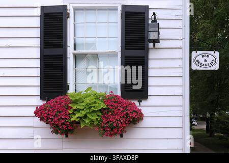 Altehrwürdige Bed-and-Breakfast-Unterkunft in einem weißen Schindelhaus Stockfoto
