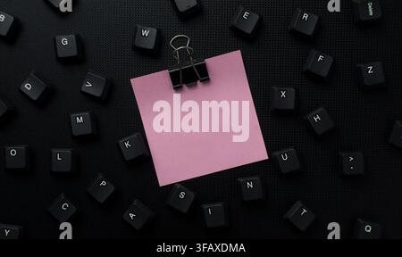 Rosa Haftnotiz mit Binderklammer zwischen Tastaturtasten auf dunklem Hintergrund Stockfoto