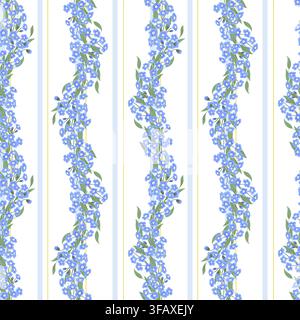Blaue Vergissmeinnicht, vertikale Linien, nahtloses Muster. Skorpionsgras, Frühlingssommerblumen, Myosotis. Aquarell, Pastell. Handgezeichnete Illustration Stockfoto