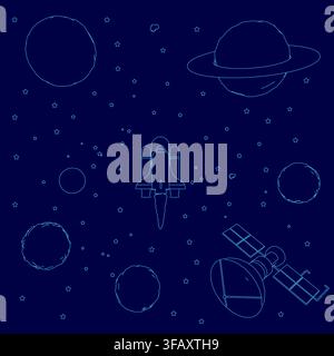 Ein weiß umrandetes Raumschiff umkreist Planeten und einen Satelliten vor einem tiefblauen kosmischen Hintergrund. Stock Vektor