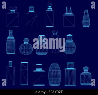Ein Satz Parfümflaschen im Drahtgitterstil, arrangiert auf einem lebendigen blauen Hintergrund. Die Kollektion zeigt einzigartige Formen und einen Farbverlauf in Blautönen Stock Vektor