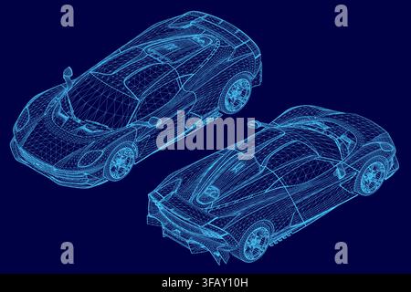 Ein 3D-Drahtgitter-Entwurf von zwei Sportwagen auf blauem Hintergrund, der ihr detailliertes technisches Design und ihre schlanke aerodynamische Form präsentiert. Isometrische Ansicht Stock Vektor