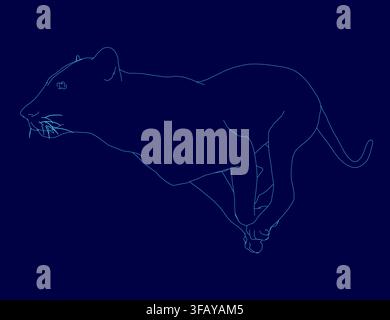 Ein geschmeidiger Panther in einer dynamischen Konturenzeichnung wirkt bereit zum Brüllen, mit wachsamen Augen und einer kraftvollen Haltung vor einem klaren blauen Hintergrund. Stock Vektor