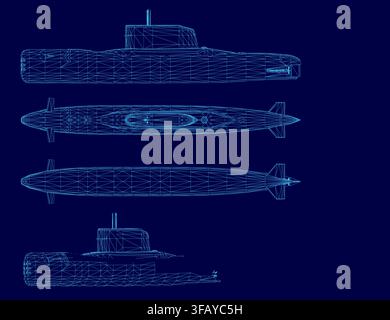 Low-Poly-Drahtgitter-U-Boot-Bauplan auf blauem Hintergrund, der detaillierte Rumpfgeometrie und interne Abteilaufteilungen anzeigt. Stock Vektor