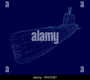 Low-Poly-Wireframe-U-Boot-Modell schwebt auf einem soliden blauen Hintergrund. Das saubere weiße geometrische Netz erzeugt ein realistisches dreidimensionales Design mit Stock Vektor