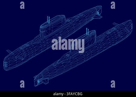 Low-Poly-U-Boot-Drahtgittermodell auf blauem Hintergrund, das eine detaillierte Bauplanansicht seiner internen Struktur und des externen Rumpfes zeigt. Isom Stock Vektor