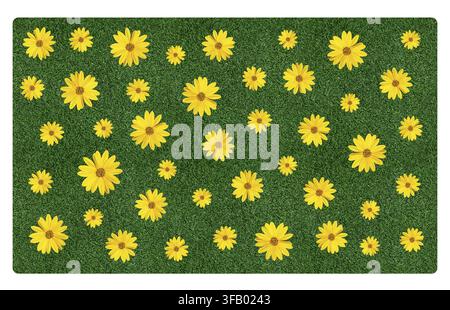 Oberansicht von gelben Blumen, die über üppiges grünes Gras verstreut sind und ein nahtloses Blumenmuster bilden. Frischer botanischer Hintergrund, ideal für Frühling, Sommer, n Stockfoto