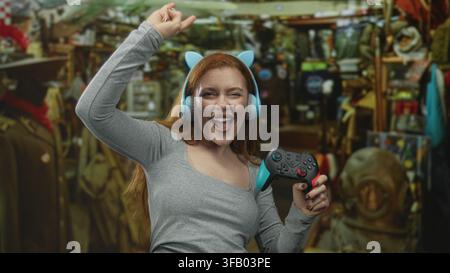 Rote Frau mit Katzenohren-Kopfhörern hält ein Gamepad und hebt ihren Arm in einem Gebäude, das einem antiken Laden gleicht, und lächelt breit; Freude Stockfoto