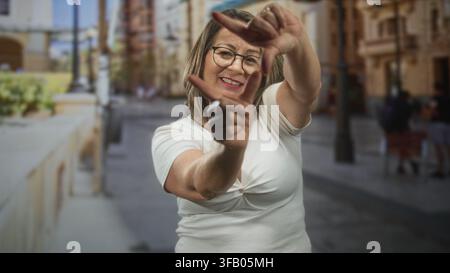 Hispanische Seniorin mit grauem Haar und Brille rahmt die Ansicht mit ihren Händen ein und zeigt mit dem Finger auf die Kamera, während sie auf einer Fußgängerstraße lächelt Stockfoto
