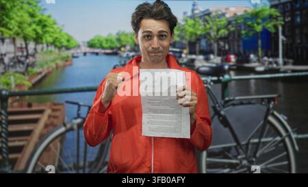 Mann im orangefarbenen Jumpsuit hält ein gefaltetes Papier mit beiden Händen an einer Straßenkanalbrücke, beißt auf die Lippe und hebt leicht die Faust; Trotz. Stockfoto
