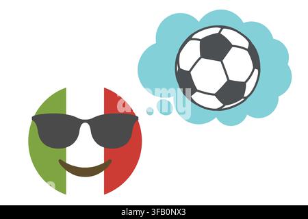 Eine lustige Illustration zeigt ein cooles Emoji in den Farben der italienischen Flagge mit Sonnenbrille, das selbstbewusst lächelt, während es sich einen Fußball in einem T vorstellt Stockfoto