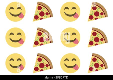 Ein verspieltes nahtloses Muster mit herausgestreckter Zunge lächelnden Emojis, gepaart mit bunten Pizzaschnitten, die Gelüste, Genuss und Liebe zum Komfort symbolisieren Stockfoto