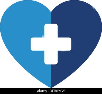 Blaue zweifarbige Herzform mit weißem Kreuz-Medizin-Symbol für Branding-Assets eines Gesundheitszentrums oder Krankenhauses. Stock Vektor