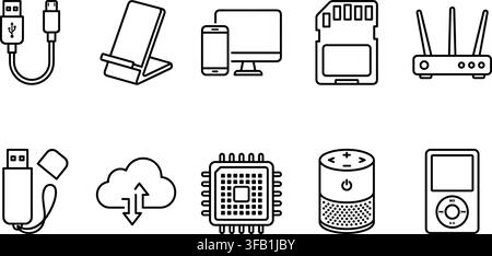 Hardware-Technologie- und elektronische Geräte-Linienicons-Set mit kabellosem Ladegerät, Kabelrouter und CPU. Stock Vektor