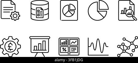 Geschäftsdatenanalyse-Großbuchstaben-Symbole-Satz mit linearen Diagrammen und Datenbanksymbolen für professionelle Berichte. Stock Vektor