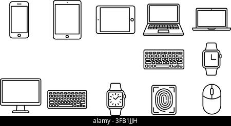 Computer-Hardware-Symbole mit Smartphone, Tablet, Laptop, Tastatur, Computermaus und Fingerabdruckscanner. Stock Vektor