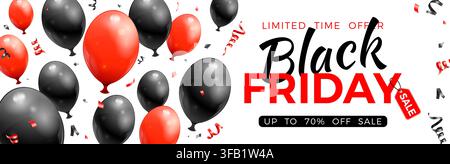 Black-Friday-Verkaufsbanner mit glänzenden roten und schwarzen Ballons, Etikett und Konfetti. Design für Black-Friday-Verkauf. Realistische Vektorillustration auf weißem Hintergrund Stock Vektor