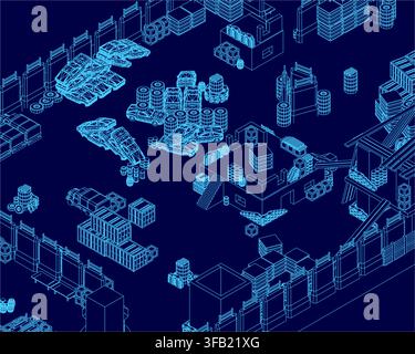 Low-Poly-Stadtplan-Asset mit Gebäude- und Fabrikkonturen auf blauem Hintergrund. Isometrische Ansicht Stock Vektor
