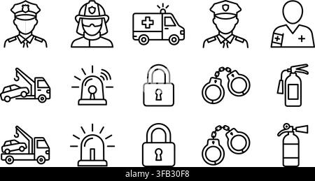 Professionelle Notfallreaktions- und Sicherheitsdienst-Leistensymbole einschließlich Polizei, Feuerwehr, medizinischem Fahrzeug und Fesseln. Stock Vektor