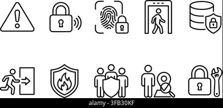 Sicherheits- und Notausgangssysteme dünne Linien-Icons-Set mit Alarm-, Feuer-, Schild-, Biometrie-Zugriff- und Schlosssymbolen. Stock Vektor