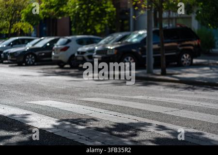 Leere Zebrastreifen auf einer sonnenbeschienenen städtischen Straße mit sanft verschwommenen geparkten Autos im Hintergrund Stockfoto