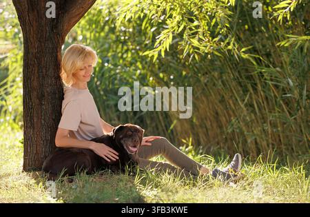 Frau entspannt mit senioren Schokoladen-Labrador-Hund unter einem Baum in einem sonnigen grünen Park, genießt einen friedlichen Moment im Freien, die Gesellschaft von Haustieren, summe Stockfoto