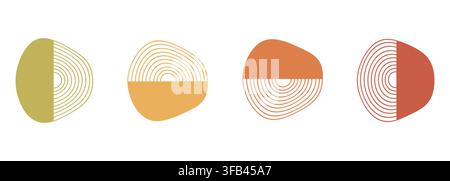 Flaches Iconen-Set aus 4 abstrakten Boho-Formen mit konzentrischen Liniendetails in Erdtönen für moderne Wandkunst und Branding-Design Stock Vektor