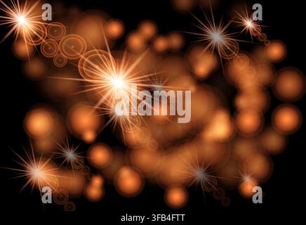Abstrakter goldener Bokeh-Hintergrund mit glitzernden Lichtern, Linsenflares und glänzenden Partikeln auf dunklem schwarzem Hintergrund Stockfoto