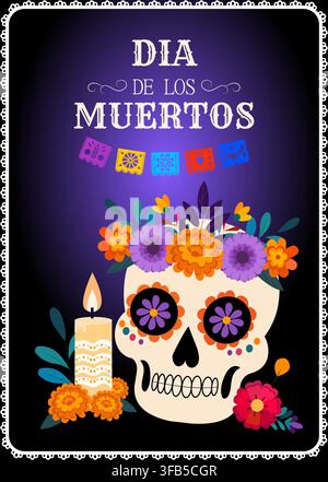 Farbenfrohe und lebendige Darstellung der Dia-de-los-Muertos-Feier mit einem geschmückten Schädel, einer Kerze und traditionellen Blumenelementen Stock Vektor