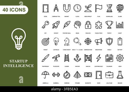 Eine Sammlung von vierzig Umriss-Icons, die Startup-Geschäftskonzepte, Strategie und professionelle Entwicklung darstellen. Stock Vektor