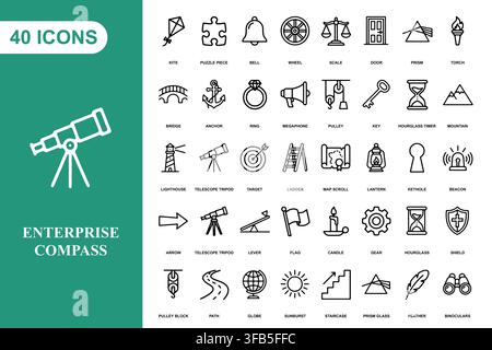 Eine Sammlung von vierzig linearen Icons mit Reise-, Erkundungs- und Abenteuer-Motiven für modernes digitales Design. Stock Vektor