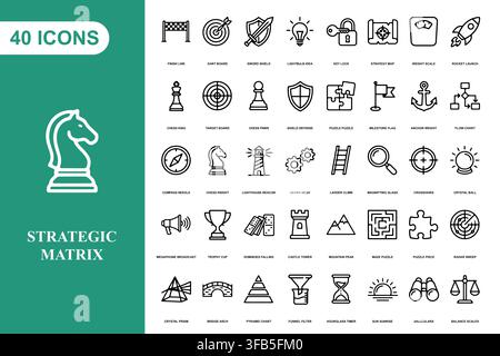 Eine Sammlung von vierzig Umriss-Icons, die Strategie-, Geschäftsplanungs-, Erfolgs- und Managementkonzepte darstellen. Stock Vektor