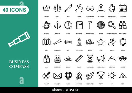 Eine Sammlung von vierzig Umriss-Icons mit Reise-, Erkundungs- und Abenteuer-Motiven für professionelle Designprojekte. Stock Vektor