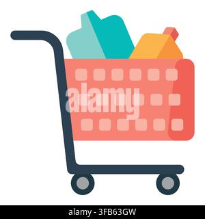 Roter Einkaufswagen gefüllt mit bunten Lebensmitteln, der Einzelhandel, E-Commerce, Supermarkteinkäufe und Verbraucheraktivität symbolisiert Stock Vektor