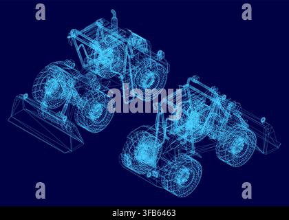 Ein 3D-Drahtgittermodell eines Bulldozers mit einem detaillierten Baggerlöffel, dargestellt als technisches Blaupause auf einem soliden blauen Hintergrund. Isometrische Ansicht Stock Vektor