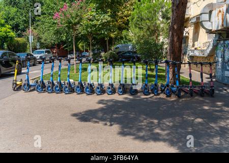 Tbilisi, Georgien – 12. August 2026: Eine Flotte von geteilten Elektro-Scootern, einige blau und einige rosa, sind ordentlich auf einer gepflasterten Oberfläche in der Nähe eines Grases aufgereiht Stockfoto