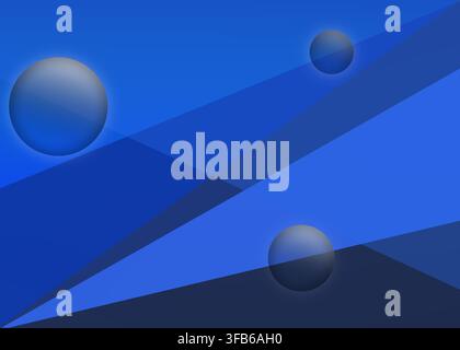 Abstrakte blaue Hintergrundillustration mit dynamischen diagonalen geometrischen Formen, gradientenförmigen schwebenden Kugeln und Kopierraum für Text. Stockfoto