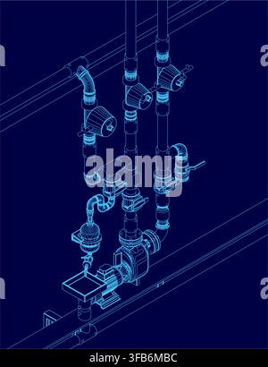 Ein blaues schematisches Diagramm skizziert ein Wasserversorgungssystem mit miteinander verbundenen Rohren und Ventilen. Eine elektrische Pumpe und ein Motor sind in die Anlage integriert Stock Vektor